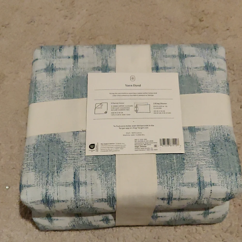 Threshold King yarn dyed ikat duvet cover & sham set ivory/teal blue 100% cotton